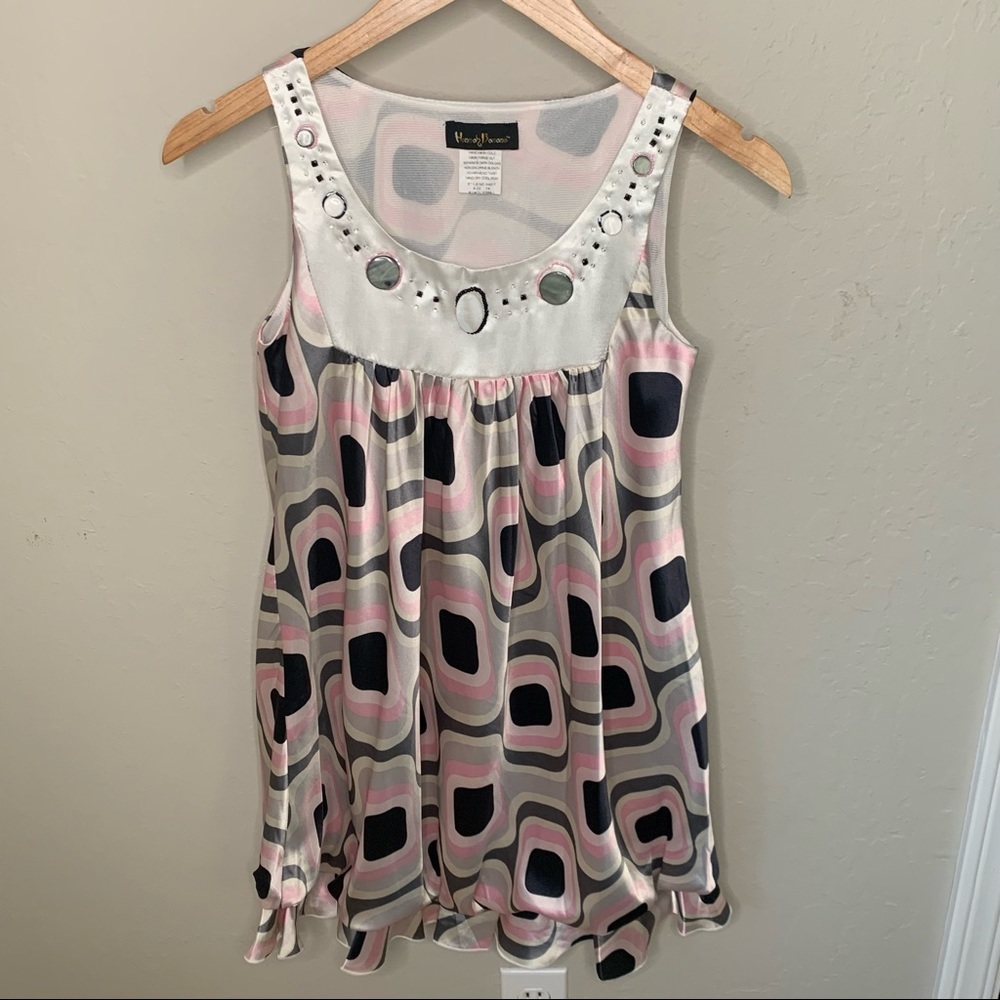 HANNAH BANANA Embellished Retro Print Dress Mod 70’s Bubble Hem Sleeveless 14 - Picture 13 of 14